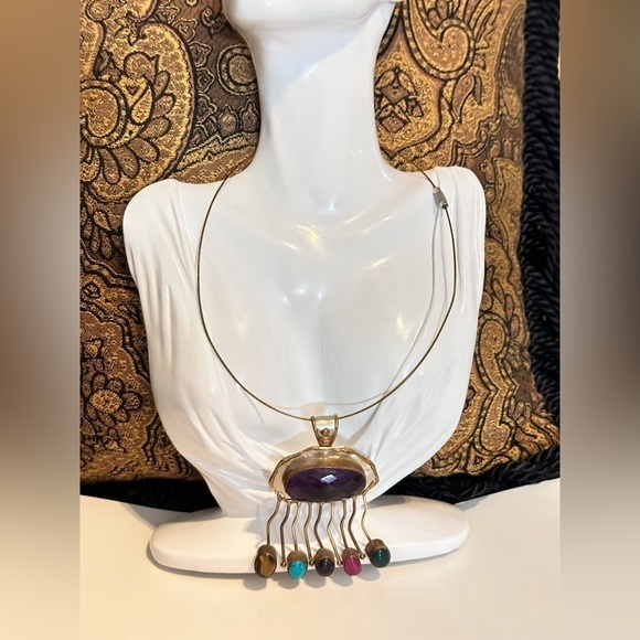 Elegant Artisan Multi Gemstone Pendant Hand Crafted 40mm Wire Necklace 4006 - Picture 11 of 16